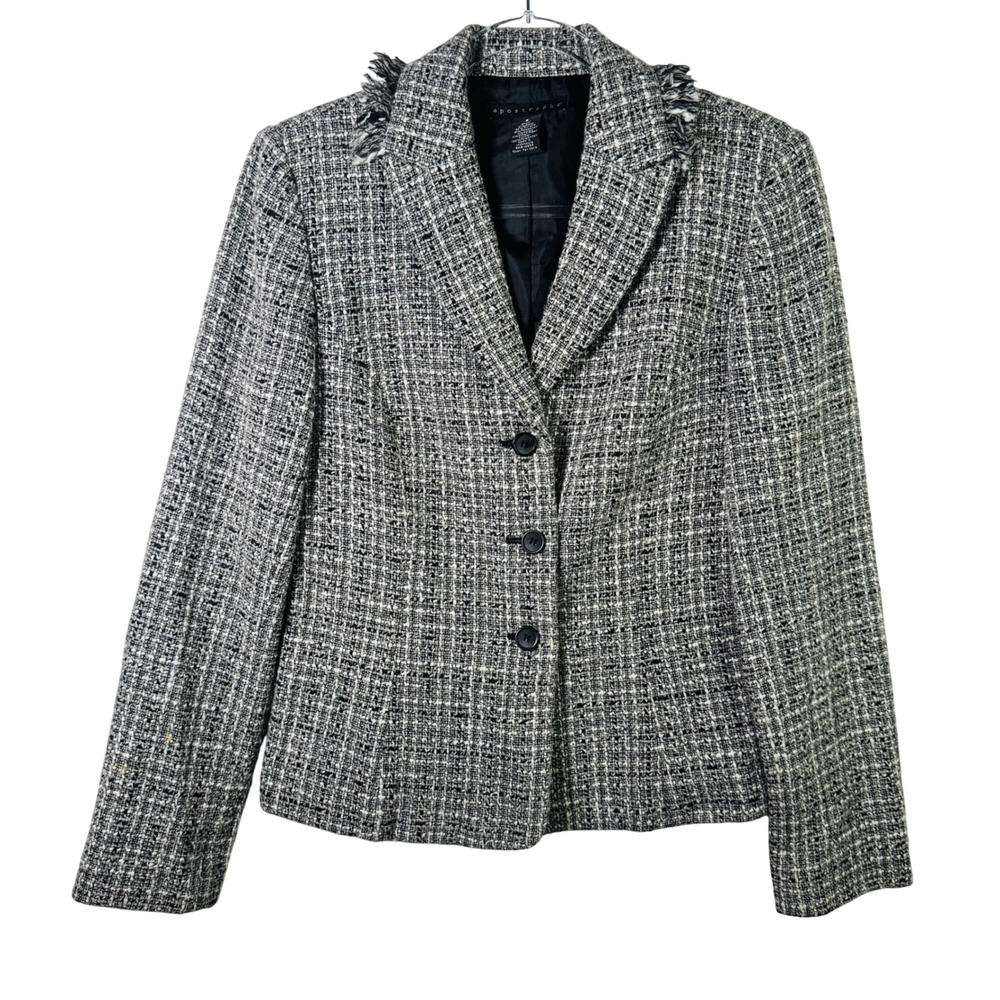 Apostrophe Wool Blend Tweed Blazer Jacket Black White Fringe Trim Size 8 Office